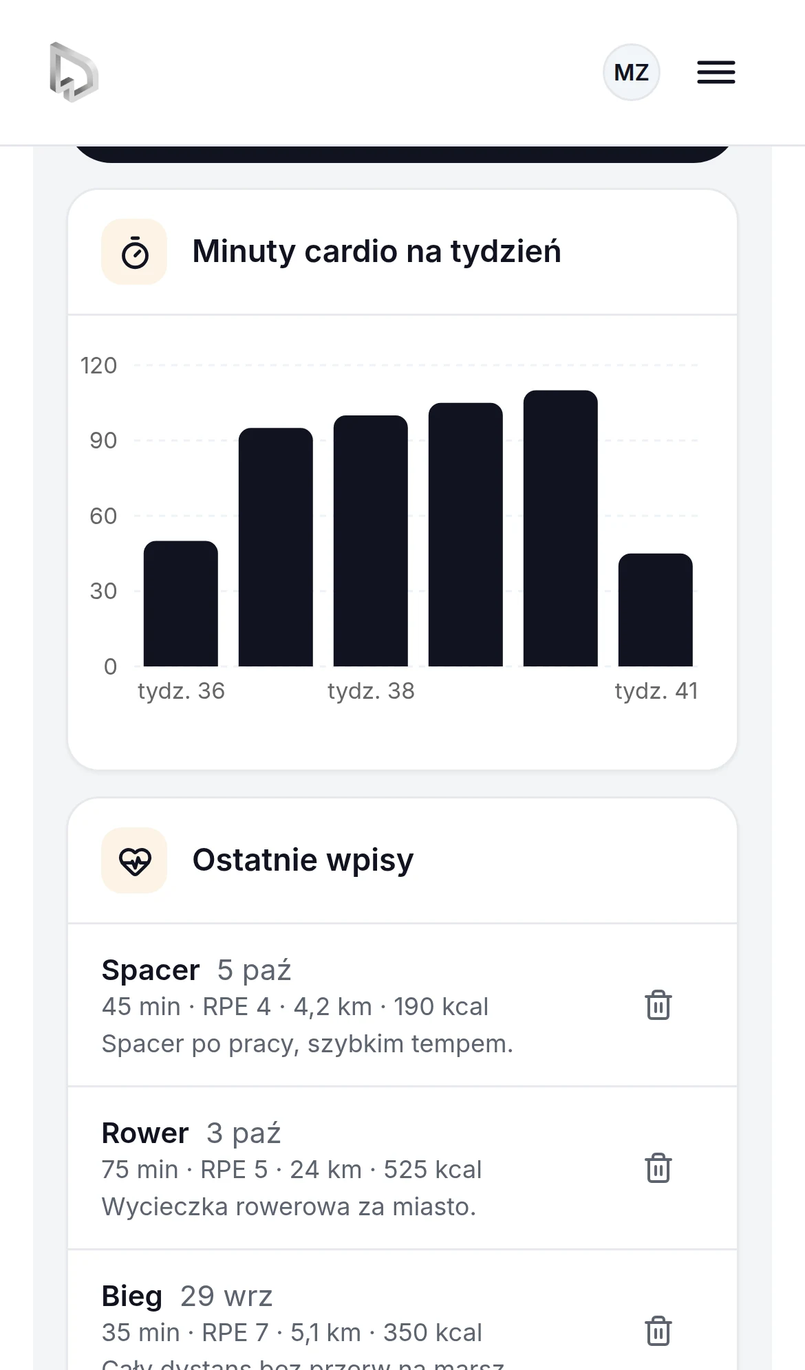 Panel na telefonie: wykres minut cardio w kolejnych tygodniach i ostatnie wpisy