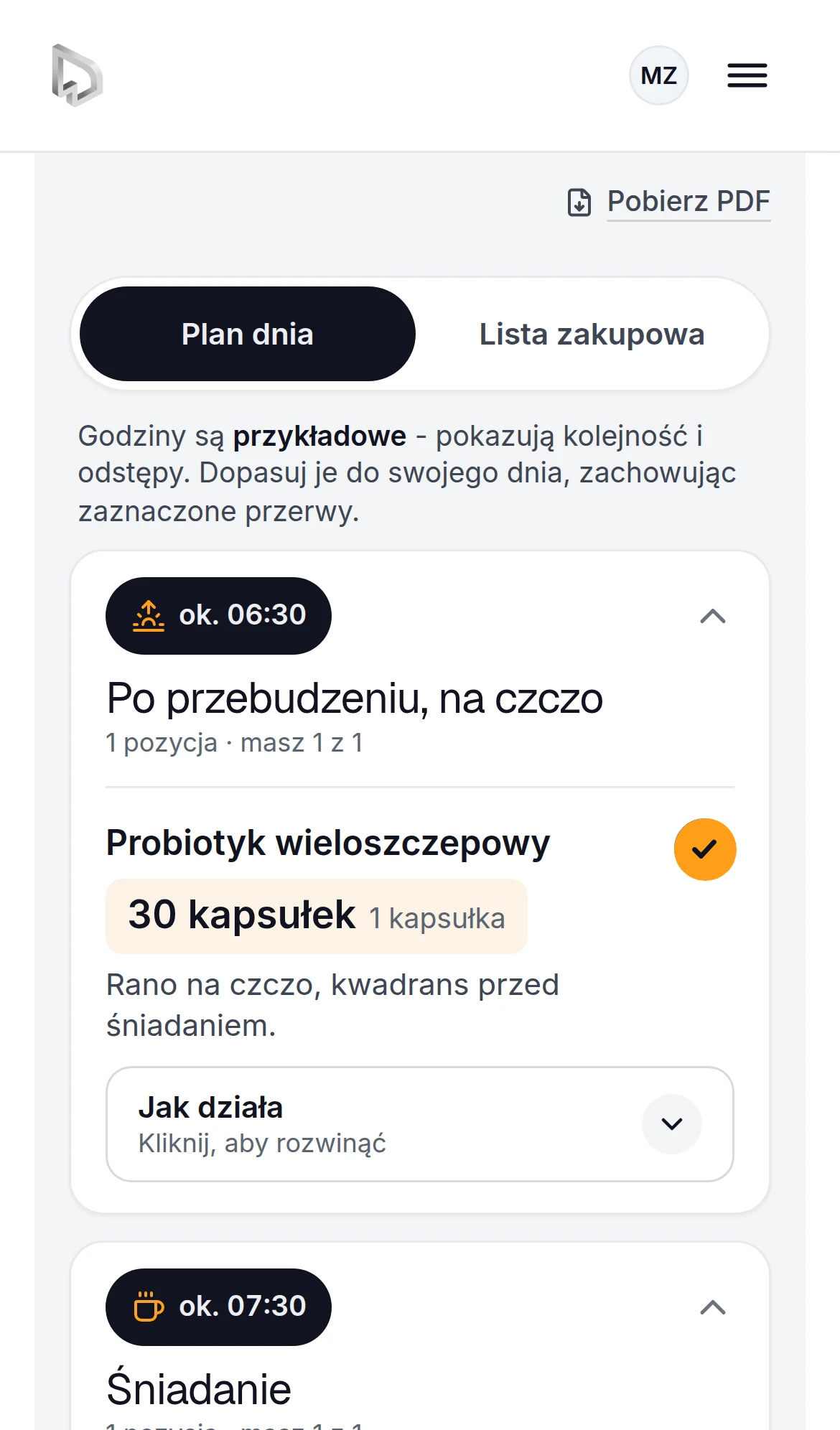 Panel na telefonie: plan dnia suplementacji z odhaczonym suplementem