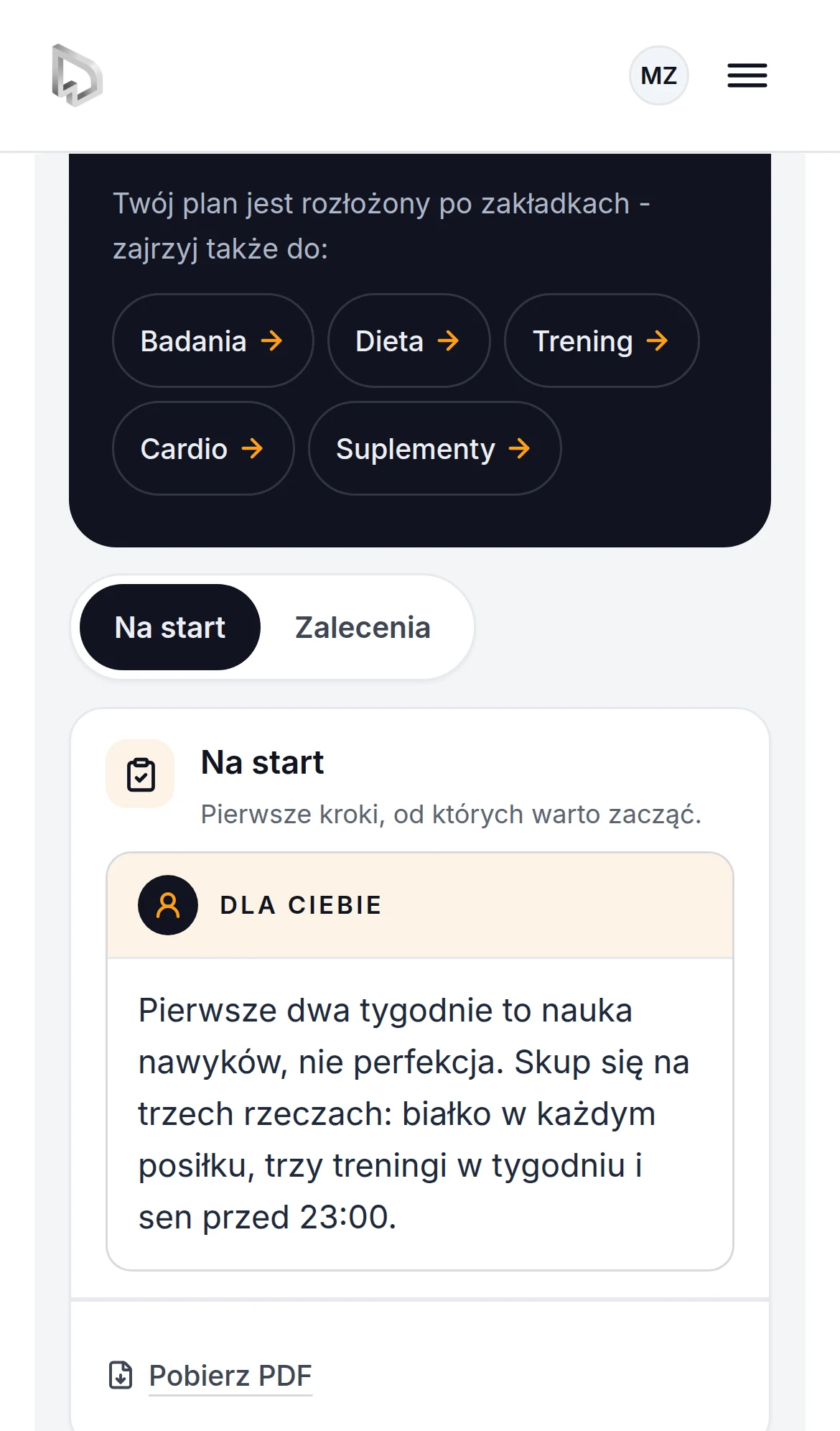 Panel na telefonie: zakładka Zalecenia z listą zakładek planu, kartą Na start i przyciskiem Pobierz PDF