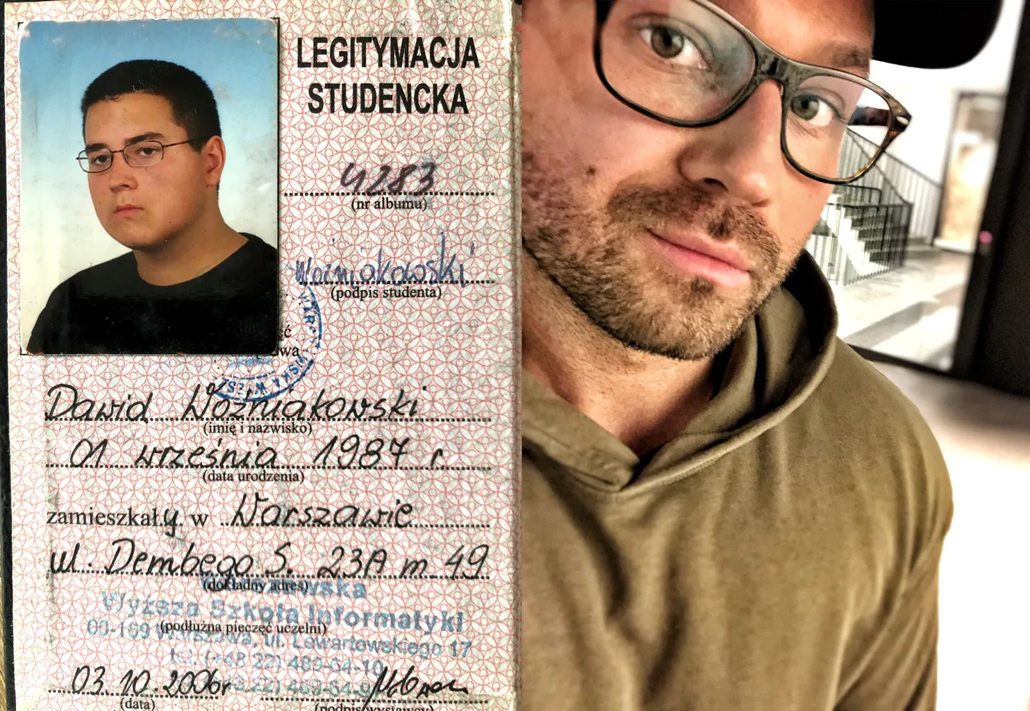 Zestawienie: legitymacja studencka Dawida Woźniakowskiego z 2006 roku obok jego zdjęcia z 2018 roku